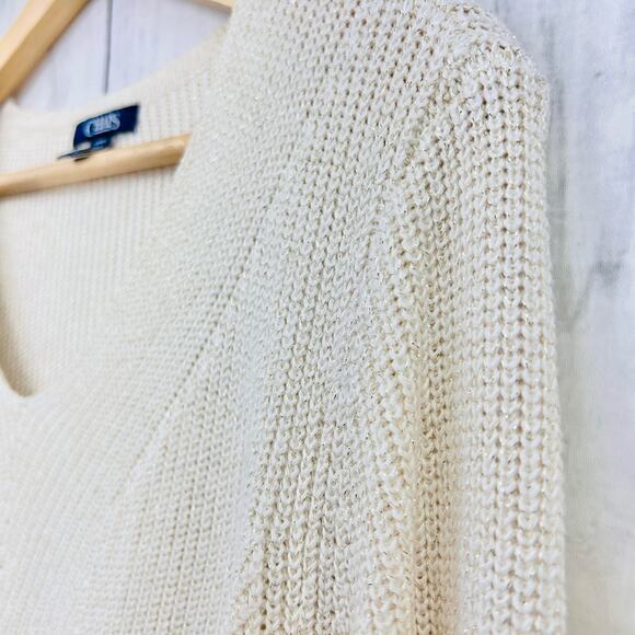 Chaps (L) Womens Metallic Cream Knit High Low Hem Sweatshirt Sweater - Picture 4 of 12